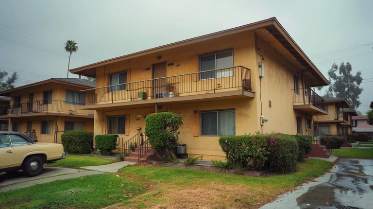 1960s Los Angeles 4-plex apartment building showing typical Westside rental property subject to SCEP inspections and rent control