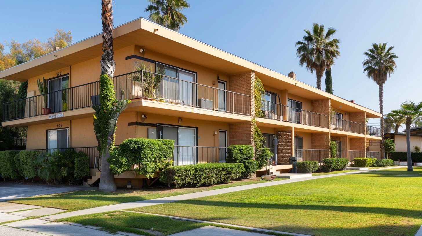 Mid-century apartment building on the Westside of Los Angeles with palm trees and landscaped courtyard
