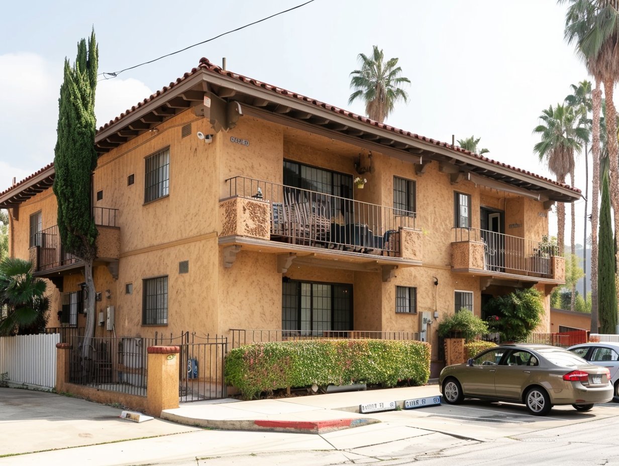 Exterior of a Los Angeles apartment building in the REAP program with balconies and parking area