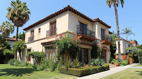 Spanish-style two-story home with cream stucco walls, dark tile roof, surrounded by palm trees and landscaped gardens under clear blue sky